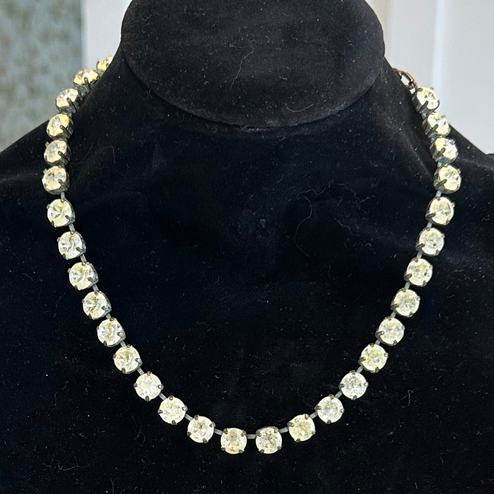 TOVA Vintage Inspired Crystal Necklace w/ Yellow Patina Wash in Brass